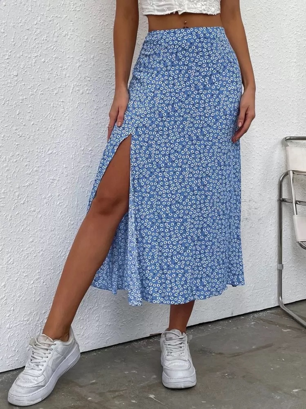 Women’s Blue Floral Midi Skirt with Side Slit